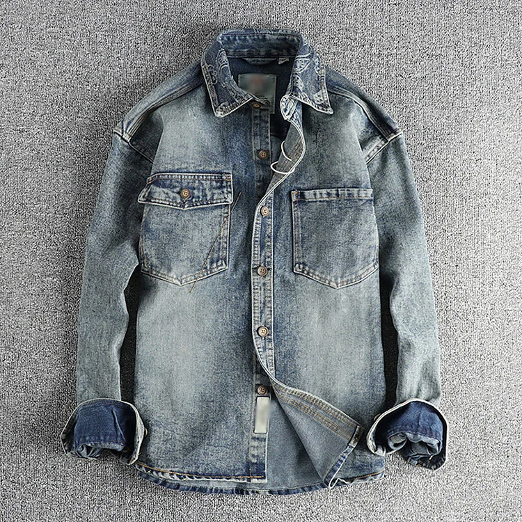 Men's Vintage Washed Cashew Flower Embroidery Long Sleeve Denim Shirt