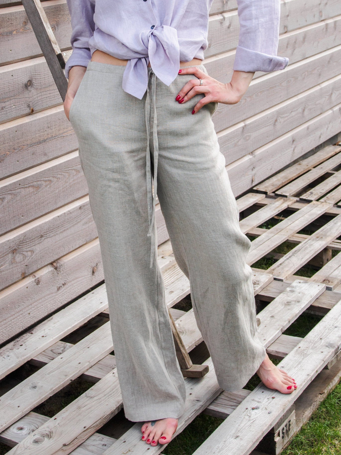 Solid Cotton-Blend Pockets Casual Pants