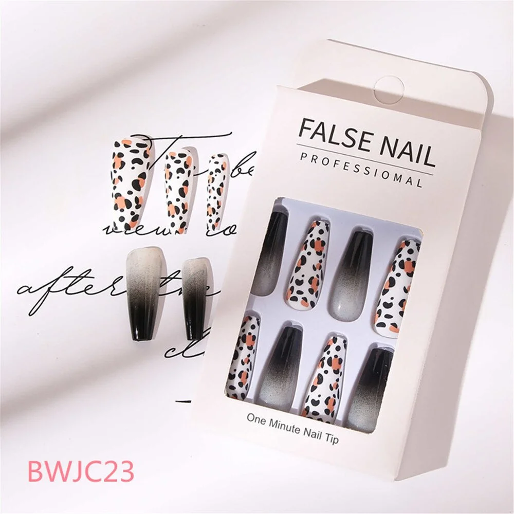 24 Pcs Long Design Ballet Coffin Fake Nails Sequins False Nail Artificial Plastic Press On False Nail Tips Manicure Nail Art