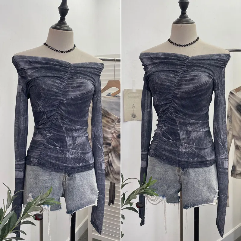 Uveng Real Shot Shoulder Tie-Dye Printing Mesh Hooded Design Long-Sleeved Irregular Folding Repair T-Shirt 9930