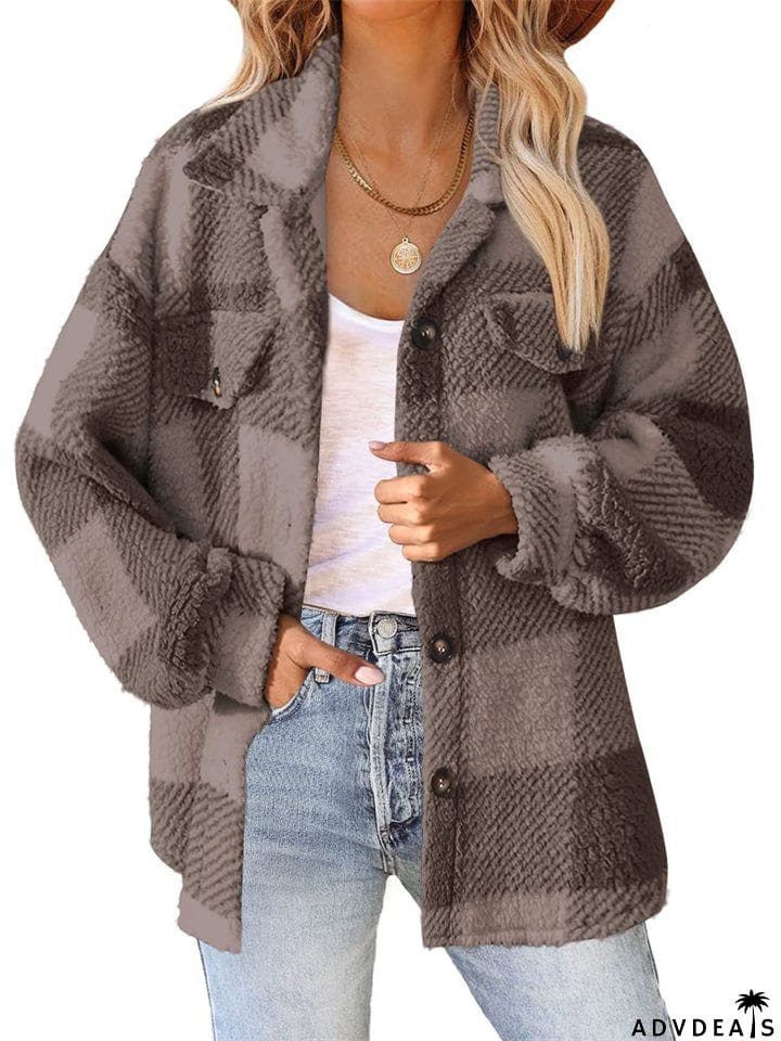 Female Casual Thermal Lapel Button Plaid Cashmere Coat