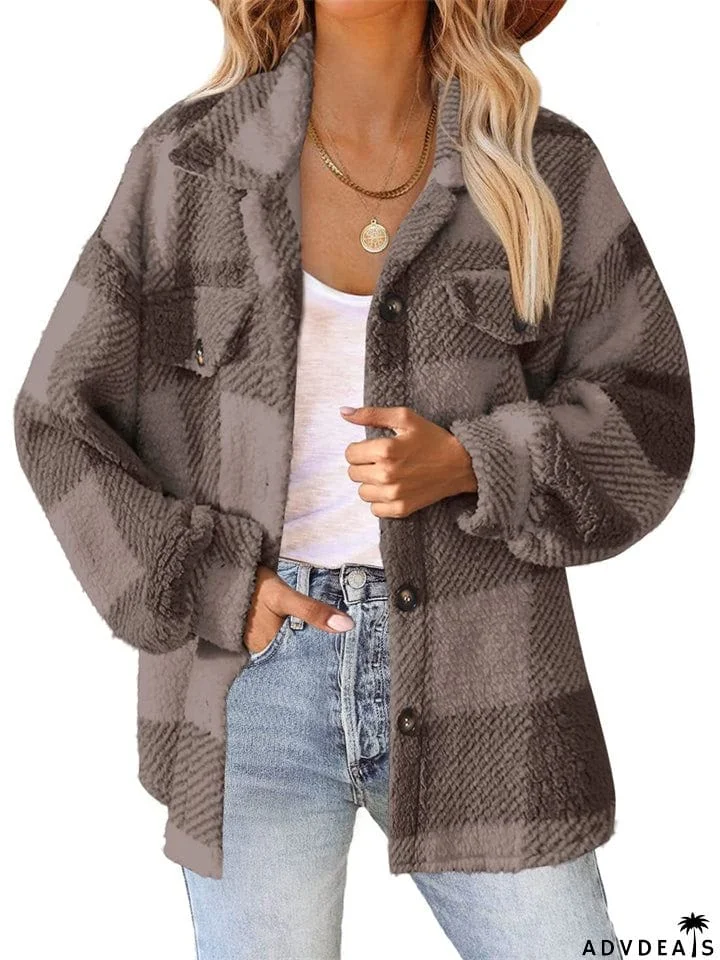 Female Casual Thermal Lapel Button Plaid Cashmere Coat