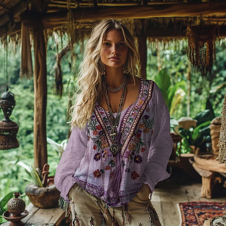 VChics Vintage Bohemian Floral Embroidery Linen Blend Shirt