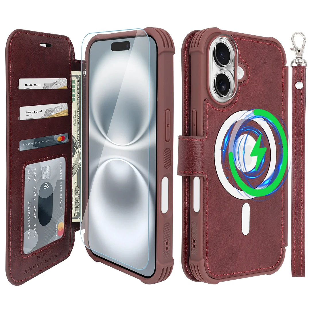 VANAVAGY Compatible for iPhone 16 Wallet Case for Magsafe Wireless Charging,Leather Flip Folio Wrist [Glass Screen Protectors & Camera Lens Protectors] with RFID Block Card Holder