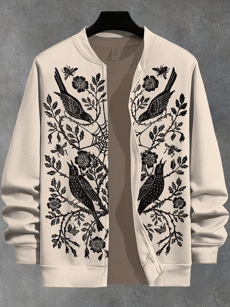Men's Flower And Birds Symmetry Goblin Art Casual Zip Up Jacket