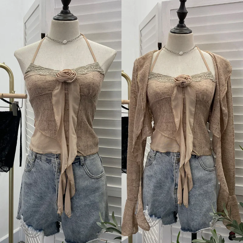 Uveng Real Shooting Pure Lust Style Set Hanging Neck Lace Hollow Sling Sling Vest + Short Lotus Leaf Side Shirt 88968
