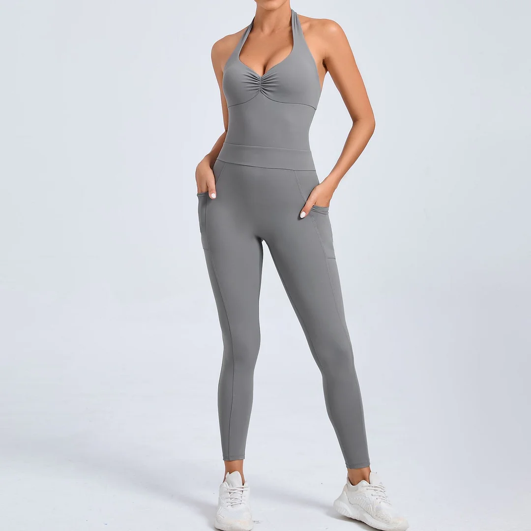 Toloer Toloer Sand Hanging Neck Type Two Side Pocket Yoga Jumpsuit Female Dance Bare Back Fitness Tight Sports Jumpsuit-Outfit Ideas