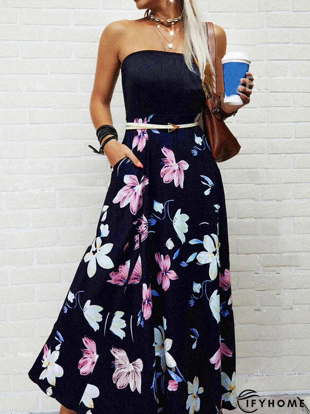 Casual Floral Strapless Sleeveless Printed Dress | IFYHOME