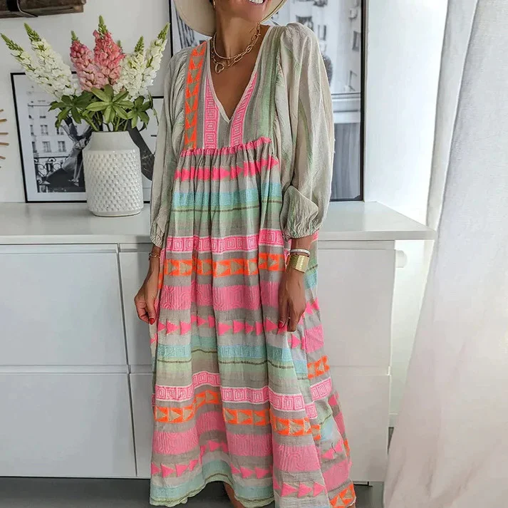 Loose Striped Lantern Sleeve Round Neck Maxi Dress