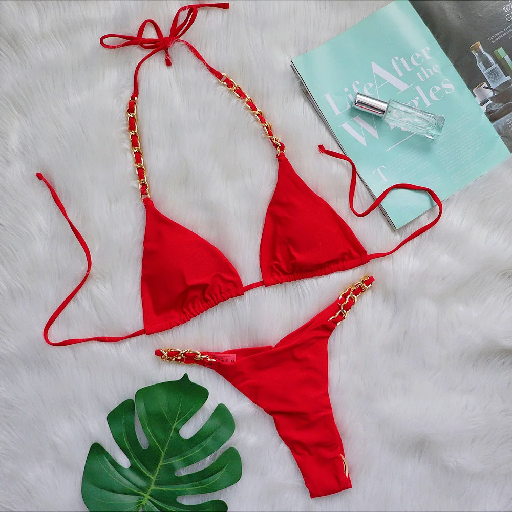 Uveng Uveng New Sexy Thong Bikini Metal Chain Rope Swimsuit Split Band Solid Color Women's Swimsuit