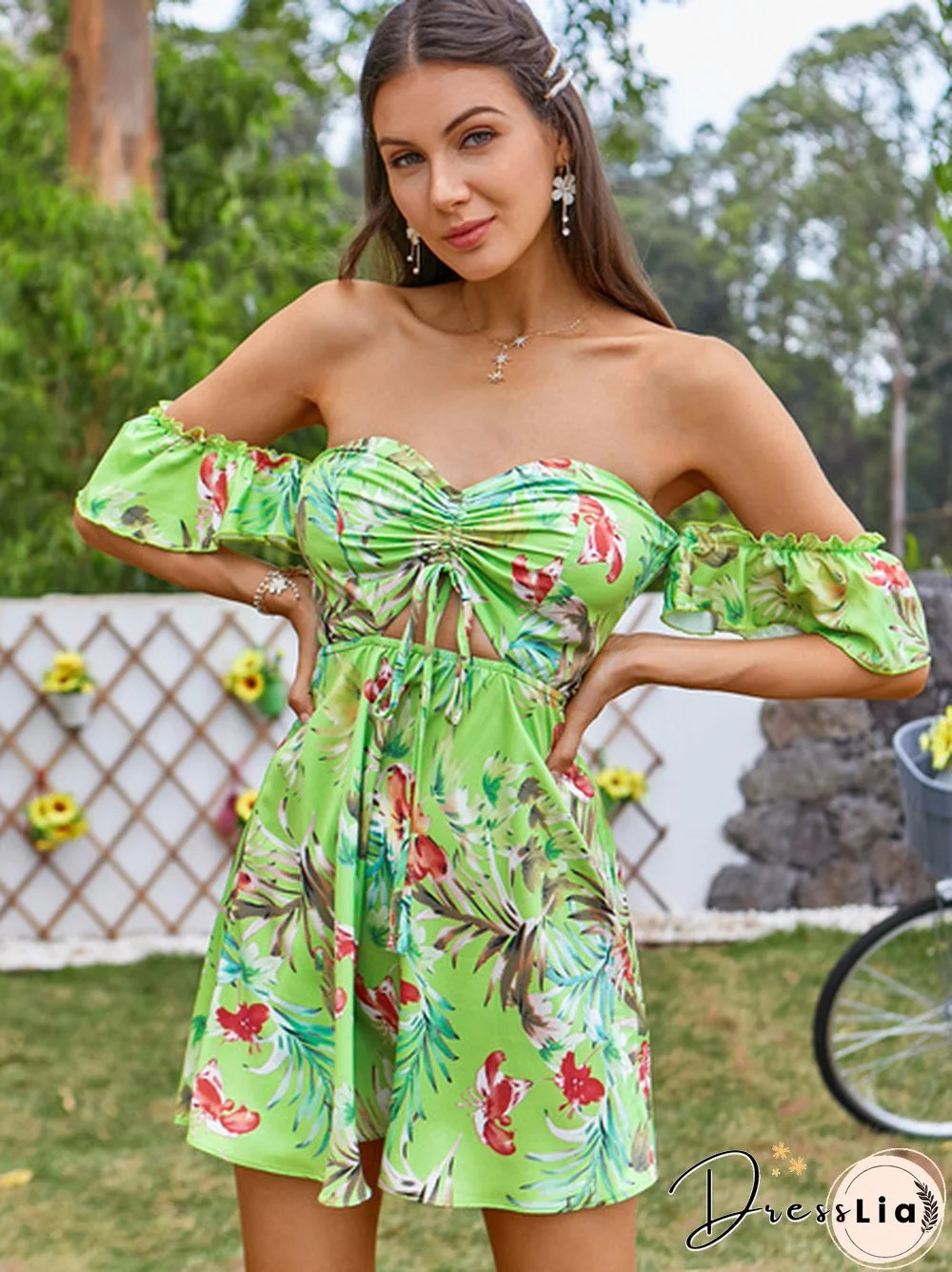 Tropical Floral Print Drawstring Peekaboo Bardot Beach Hot Dress