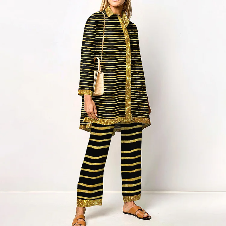 Colorblock Striped Print Long Sleeve Two Piece Set
