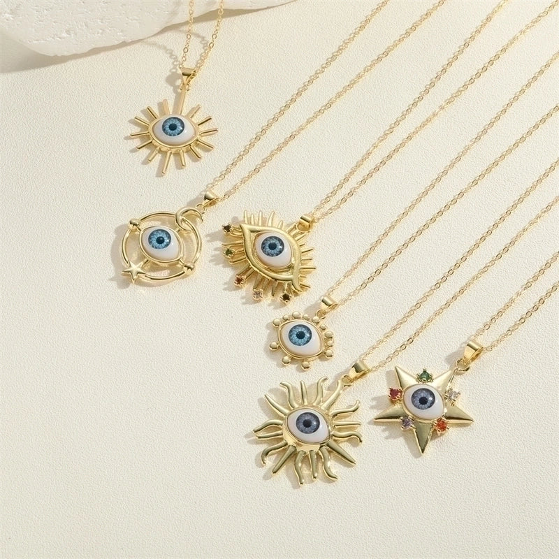 Vintage Style Minimalist Commute Sun Copper Plating Inlay Resin Zircon 14k Gold Plated Pendant Necklace