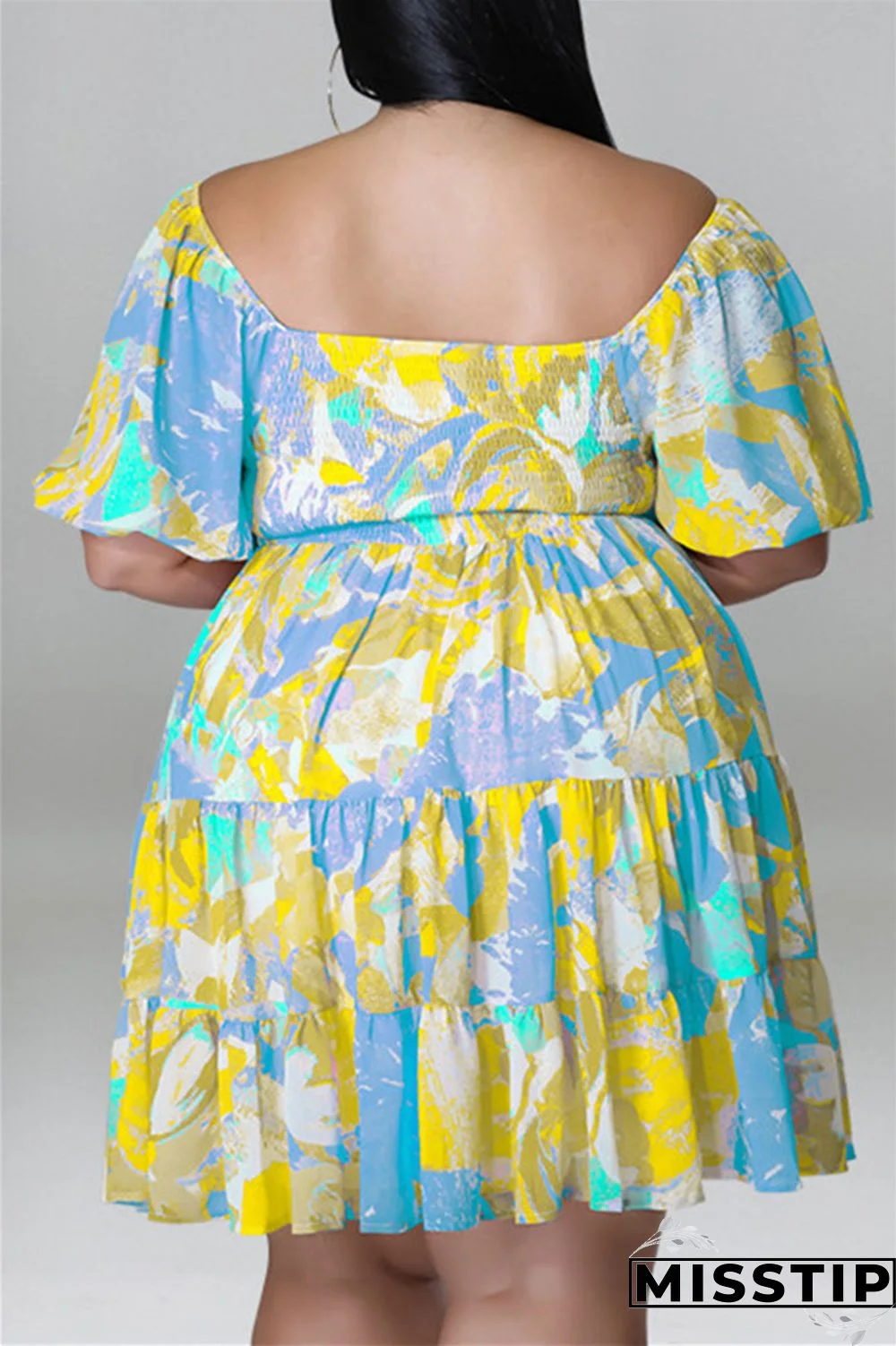 Blue Fashion Casual Plus Size Print Patchwork O Neck Short Sleeve Dress