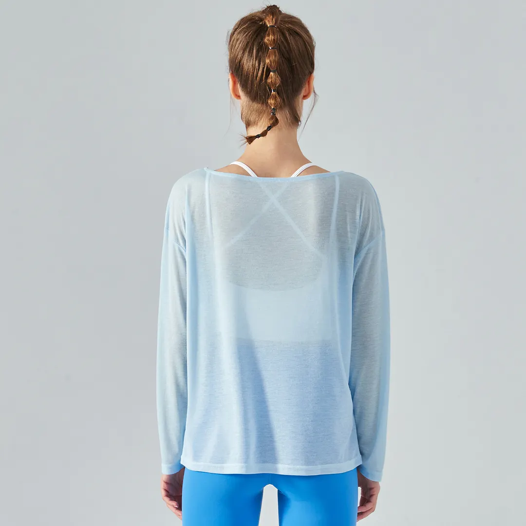 Buy Hergymclothing Baby Blue long sleeve loose thin breathable running yoga tencel t shirt for women online