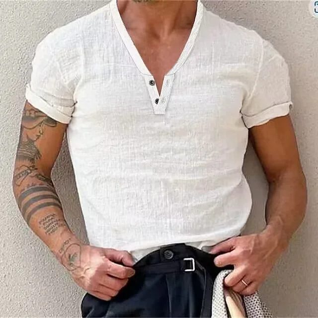 Men's 2023 Cotton T-shirt Solid Deep V-Neck Basic Top