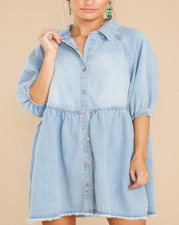 Women's Urban Casual Cardigan Pullover Lapel Shirt Denim Dress