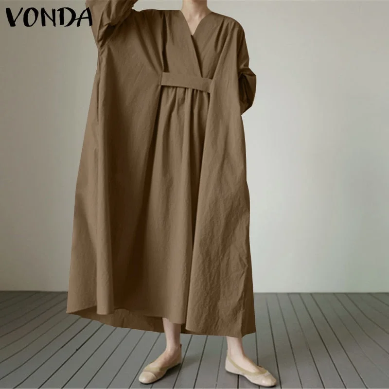 Elegant Women's Dress Bohemian Sundress Casual Long Sleeve Pleated Long Maxi Dress  Robe Femme VONDA 2022 Casual Vestidos