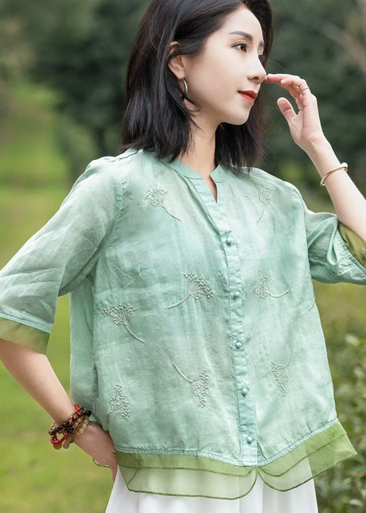 Italian Green V Neck Embroideried Tulle Patchwork Linen Tops Summer