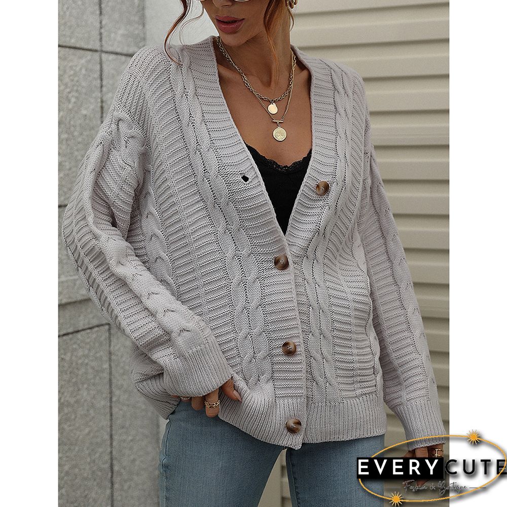 Light Gray Button Loose Cable Knitted Cardigan