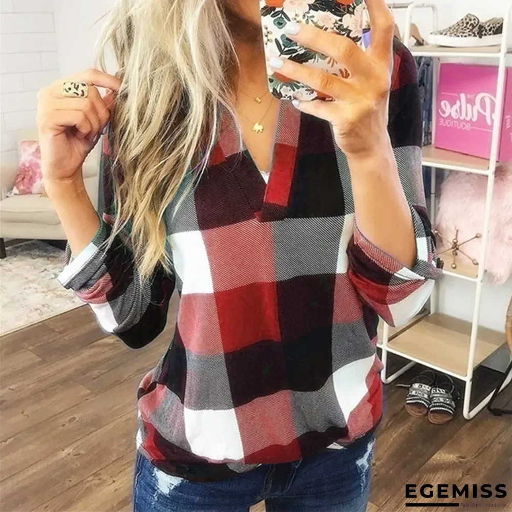 Best Selling Spring and Autumn Shirt Plaid Printed V-Neck Long Sleeve T-shirt | EGEMISS