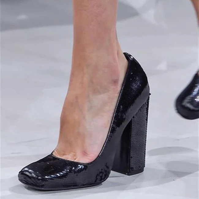 Black Low-cut Chunky Heels Square Toe Pumps |FSJ Shoes