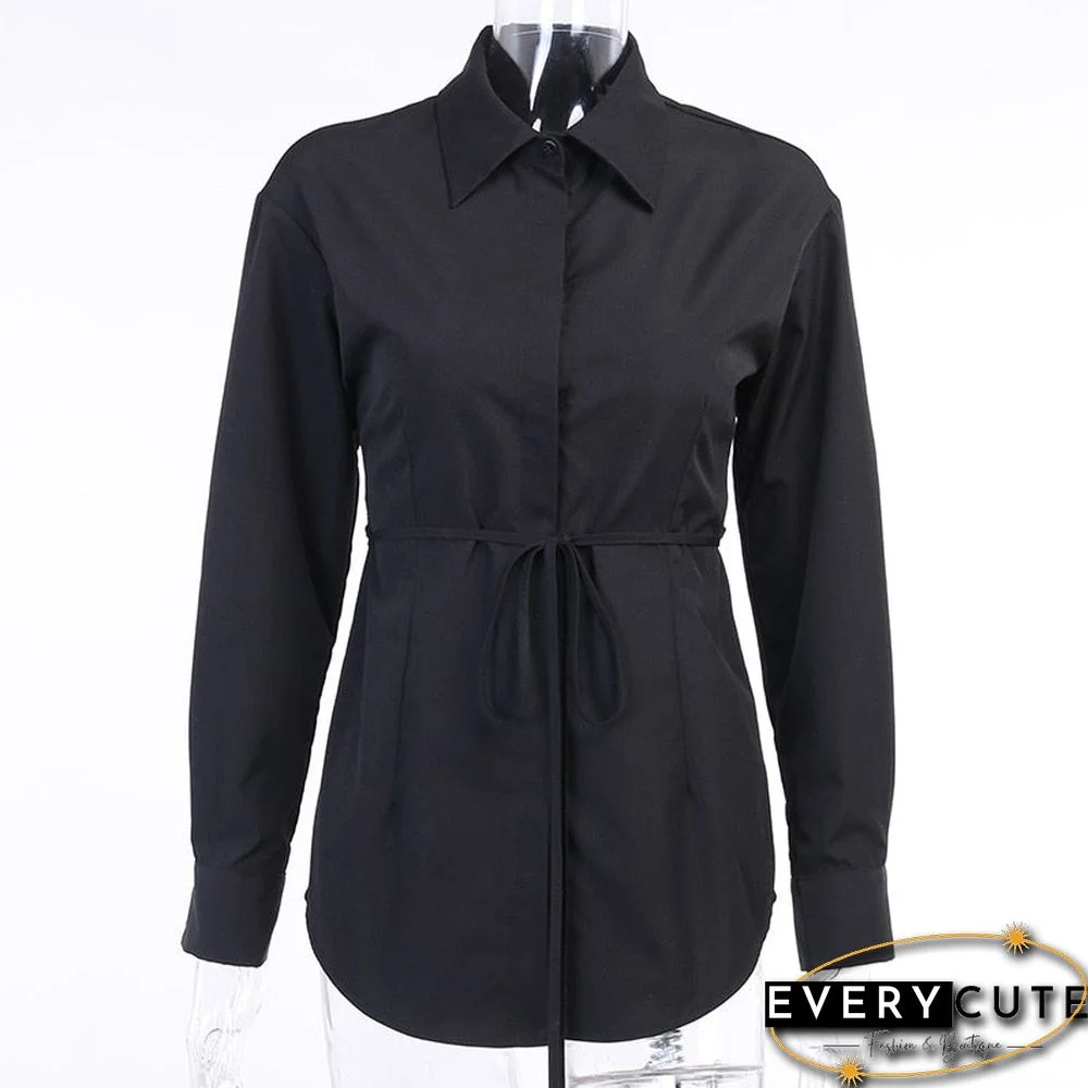 WannaThis Blouse Women Long Sleeve Hollow Out Lace up Shirts Casual Fashion Sexy Turn-down Collar Front Button Solid Autumn Top