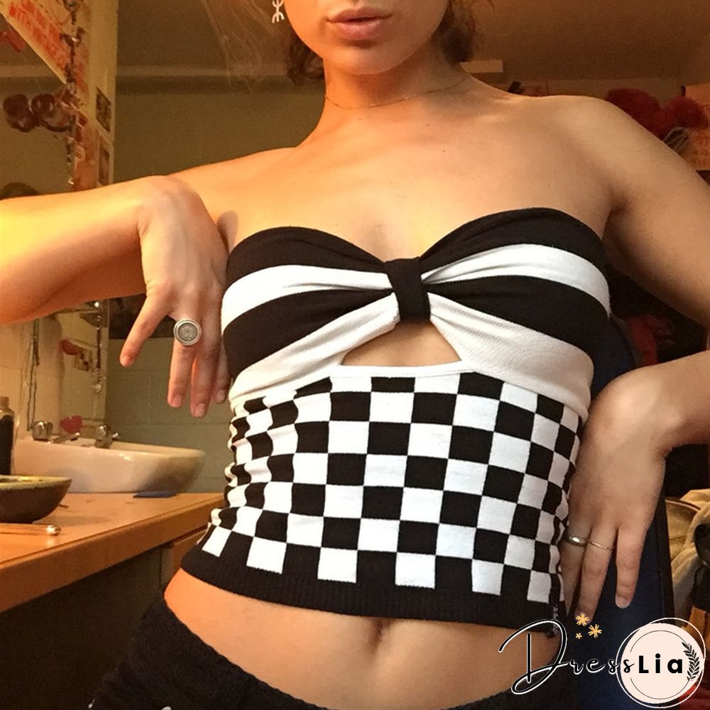 Patchwork Bow Checkered Bandeau Top