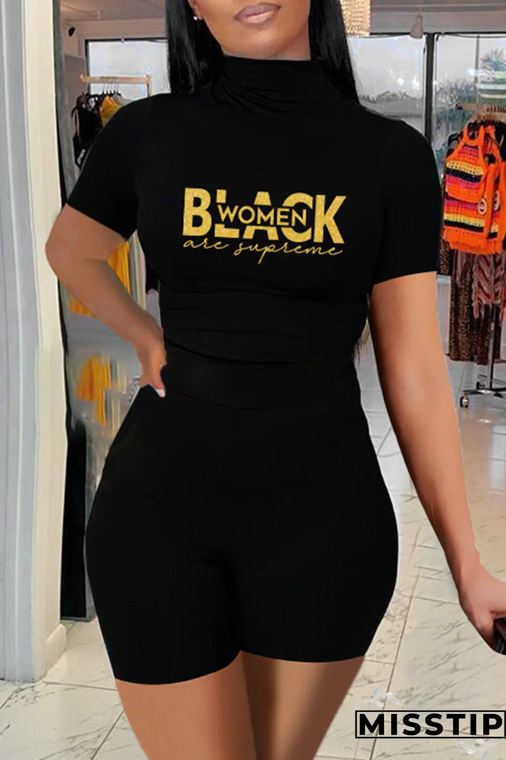 Tangerine Red Casual Print Patchwork Half A Turtleneck Short Sleeve Two Pieces