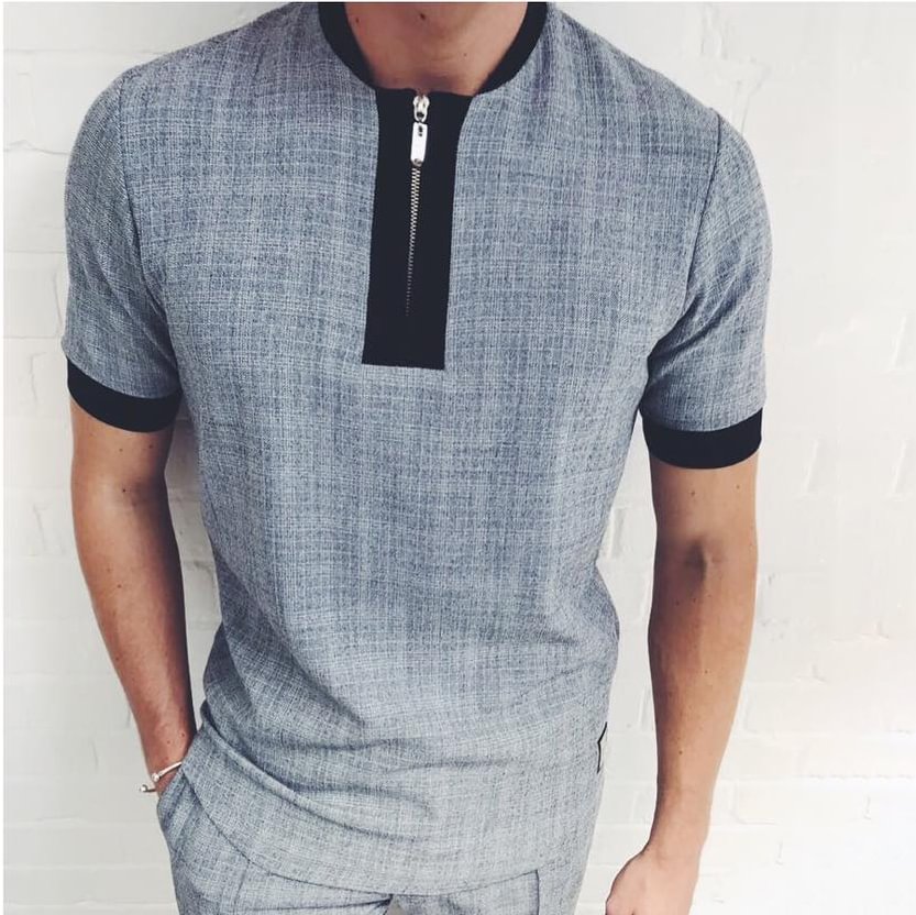 Solid Color Zipper Polo Shirt