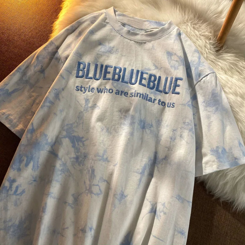 Aiertu Tie-dye Embroidery Letter Short Sleeve Top Korean Popular Trendy Female T-shirt Summer New 2024 Fashion Y2K Tops Aiertu