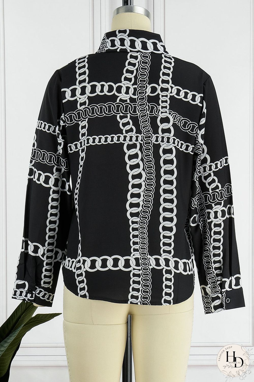 White Casual Print Patchwork Buckle Turndown Collar Tops