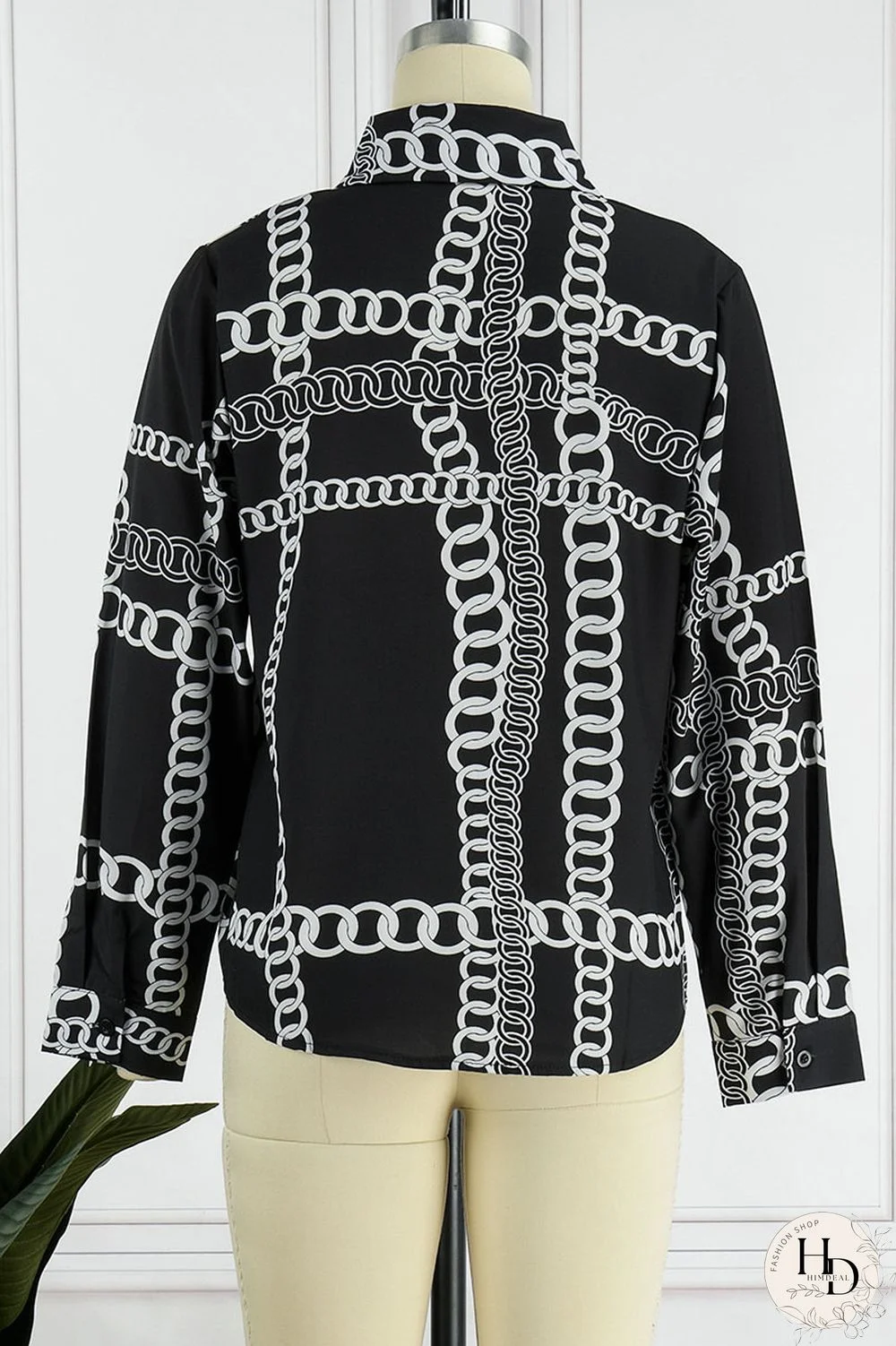 White Casual Print Patchwork Buckle Turndown Collar Tops