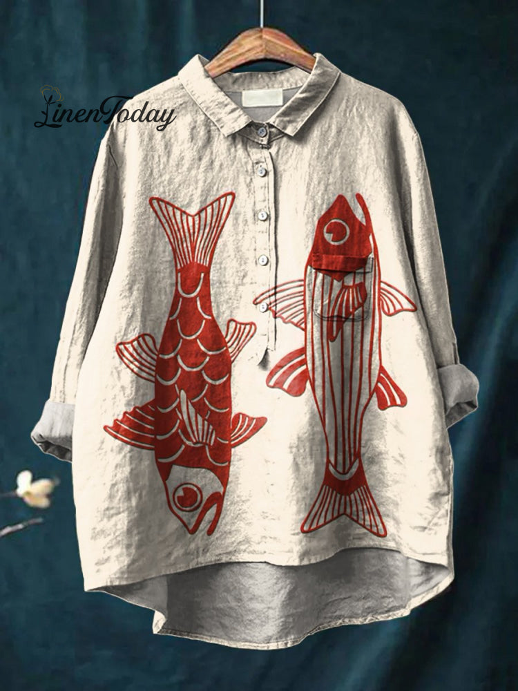 Women’s Red Fish Vintage Art Print Casual Cotton And Linen Shirt Multicolor / S