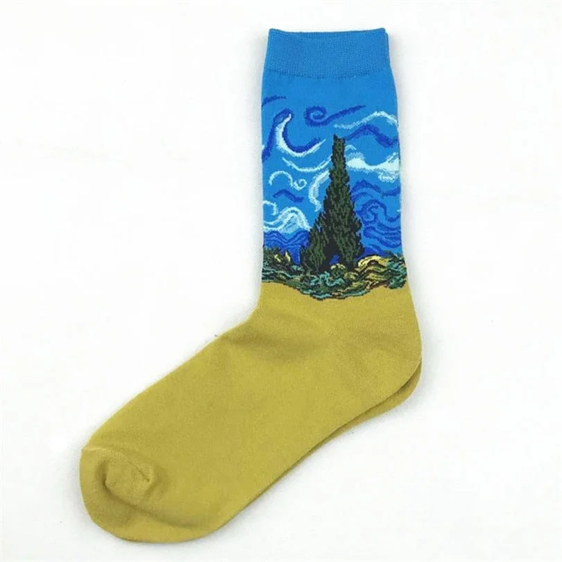 CUHAKCI Cotton Socks Funny Oil Painting Fashion Happy Socks Night Winter Male Female Colorful Print Van Gogh Art Sock one pair