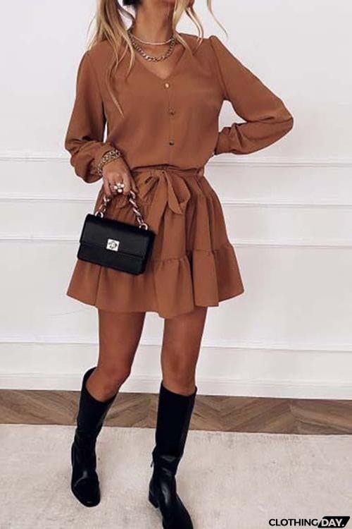 Button Layer Ruffles Long Sleeve Mini Dress