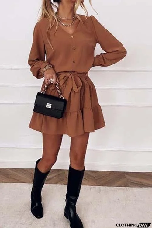 Button Layer Ruffles Long Sleeve Mini Dress