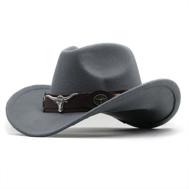 Simple Brim Hat Woolen Jazz Hat British Style Top Hat Cow Head Belt Solid Color Western Cowboy Hat
