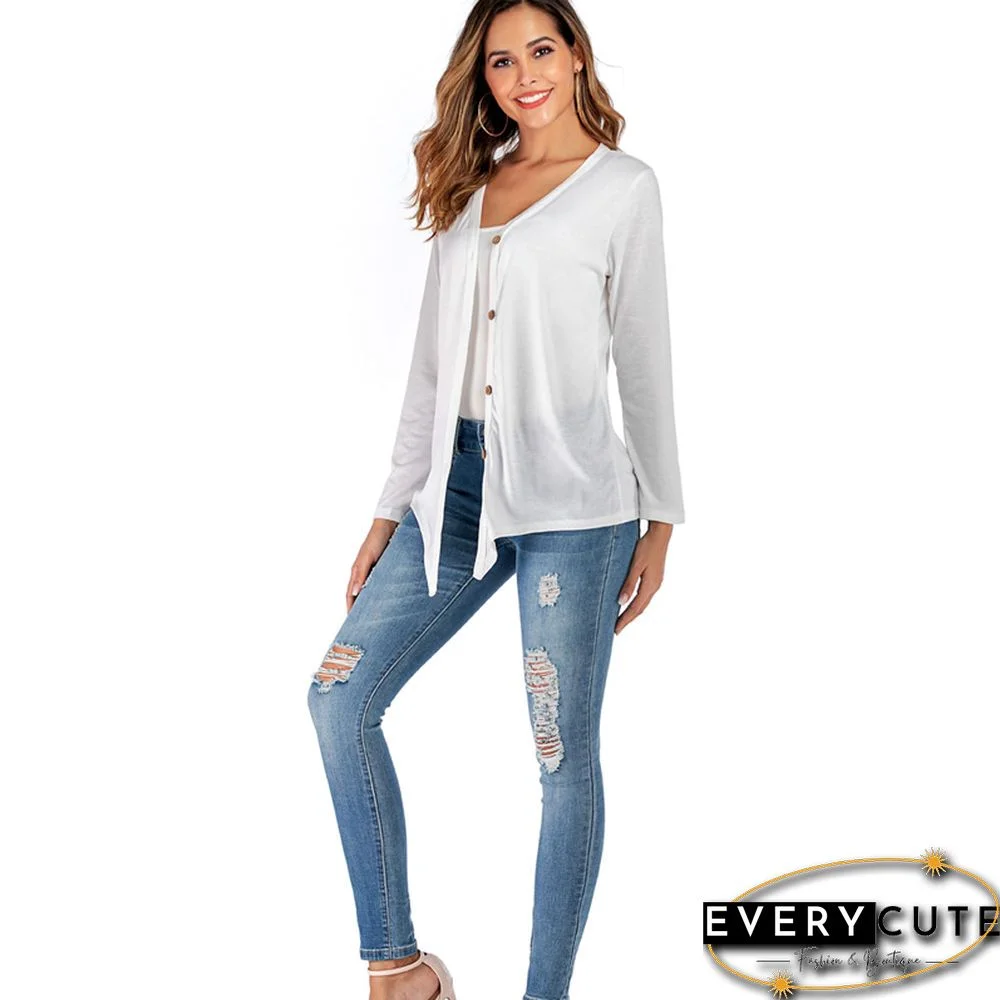 White V Neck Button Down Cardigan