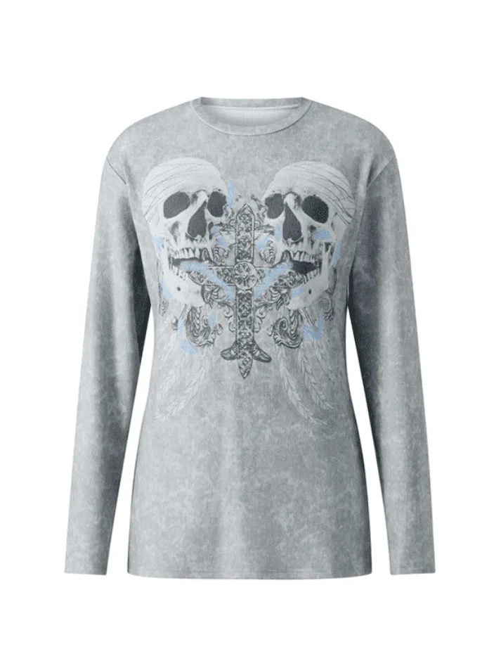 Brownm Cross Skull Printed Long Sleeve Top