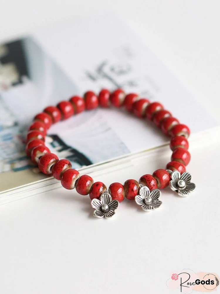 Vintage Ceramic Beaded Alloy Flower Bracelet