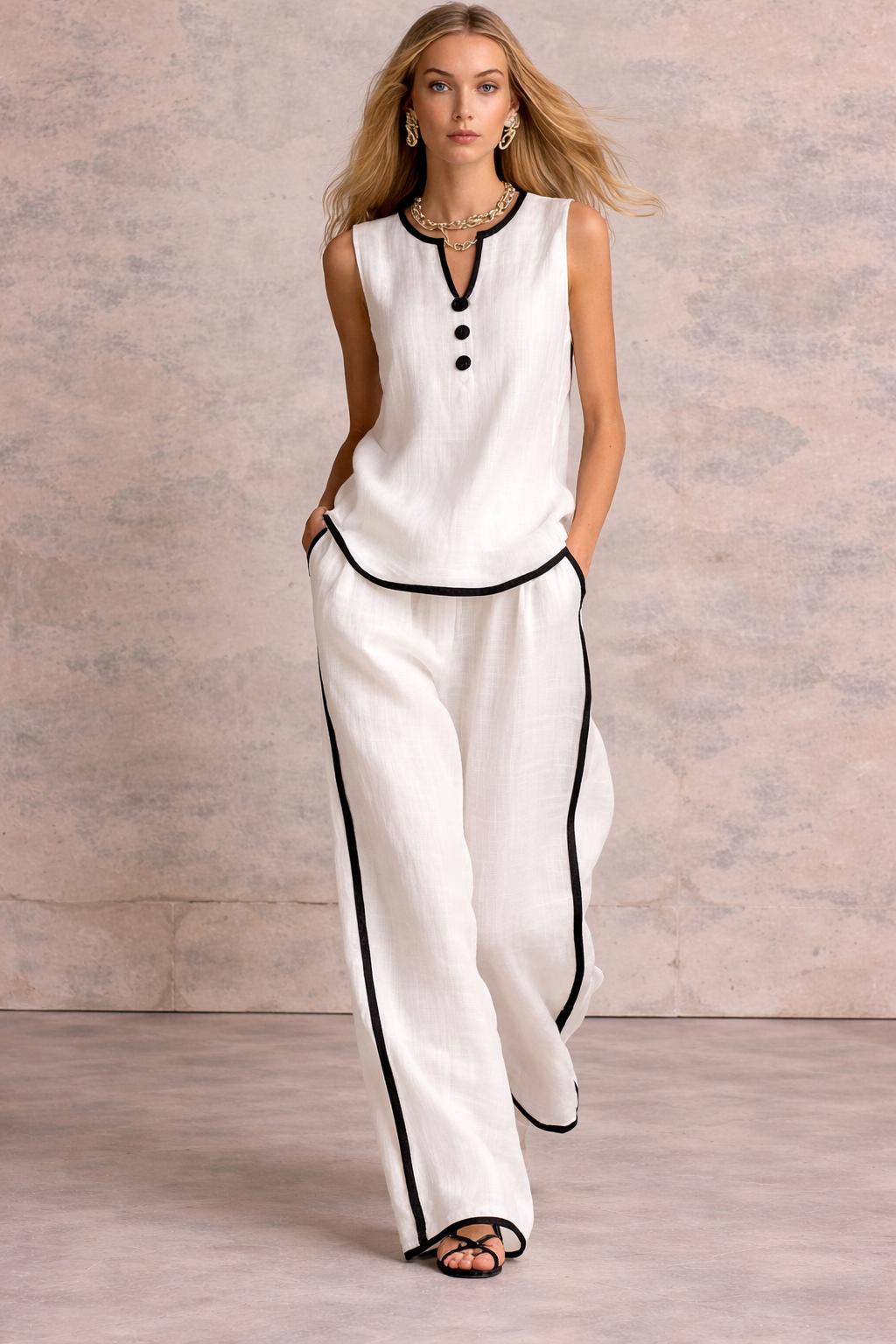 2 Piece Sets Women Minimal Chic Outfit – Sleeveless V Neck Top & Wide Leg Pants, Contrast Trim Linen Set, Elegant Summer Vacation Outfit 2026