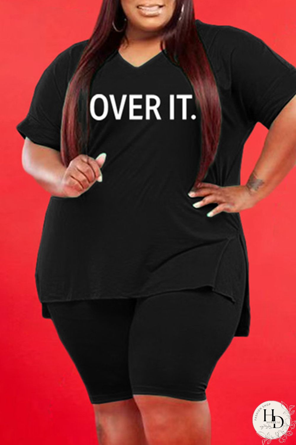 Black Fashion Casual Letter Print Slit V Neck Plus Size Two Pieces