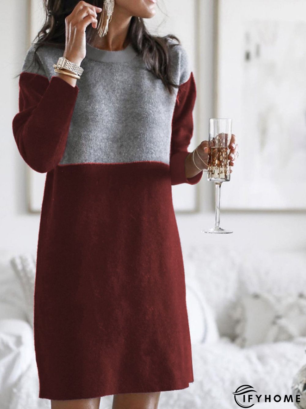 Plain Cotton-Blend Knitting Dress | IFYHOME