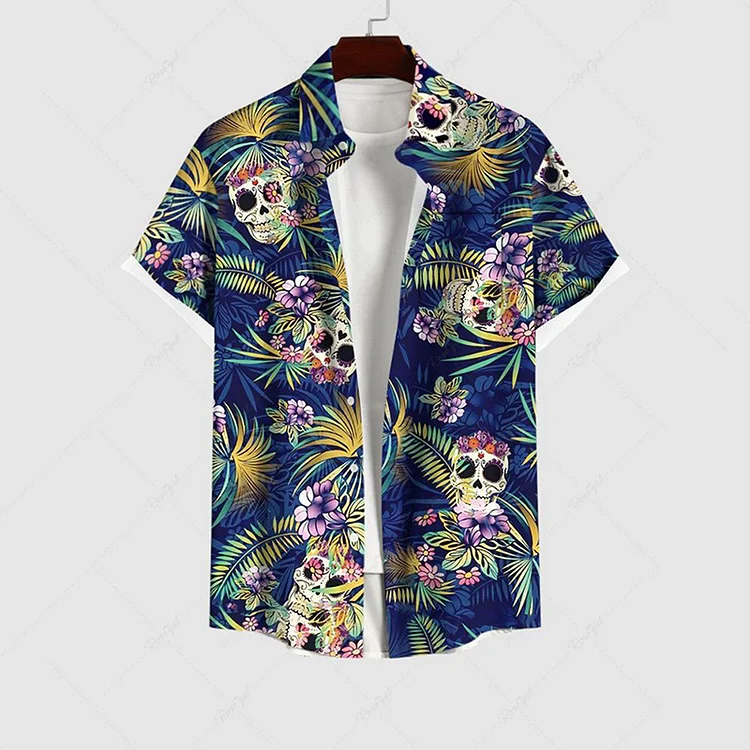 Simpfit Trendiges Button-Down-Hemd mit floralem Totenkopf-Print
