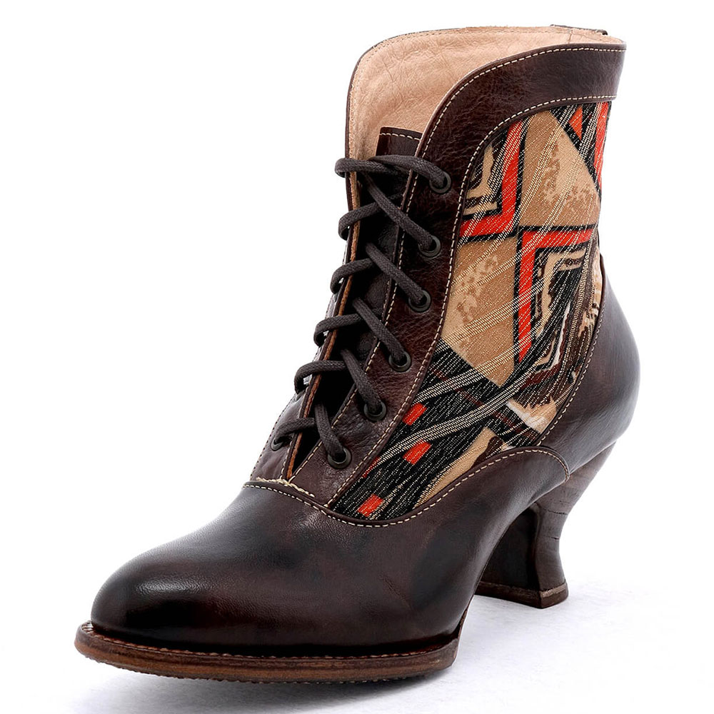 Brown Lace-Up Almond Toe Spool Heel Decorative Patchwork Ankle Boots Nicepairs