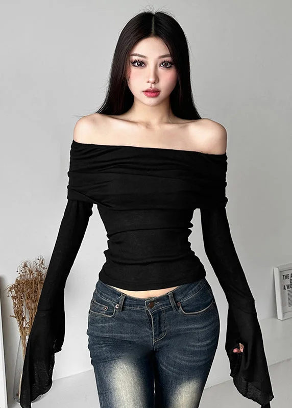 Style Black Cold Shoulder Cotton Blouse Top Long Sleeve