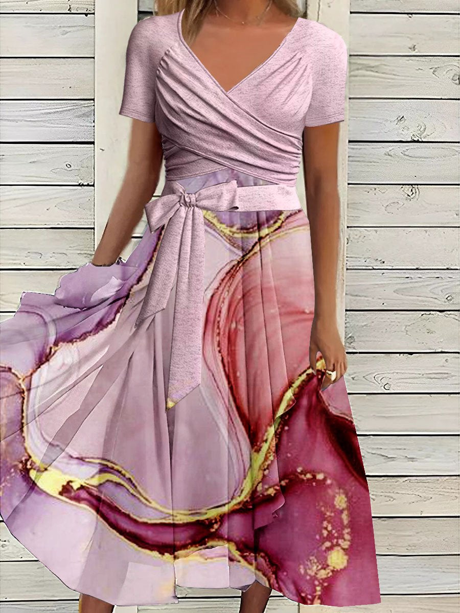 Women's Art Splash Ink Gradient Gold Hook Line Printed Pattern Suspender Dress Top Two-Piece Suit