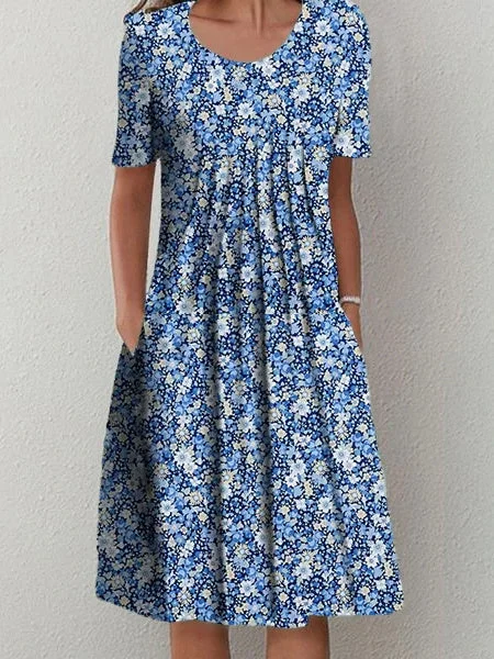 Women's Blue Short Sleeve Scoop Neck Graphic Floral Printed Midi Dress