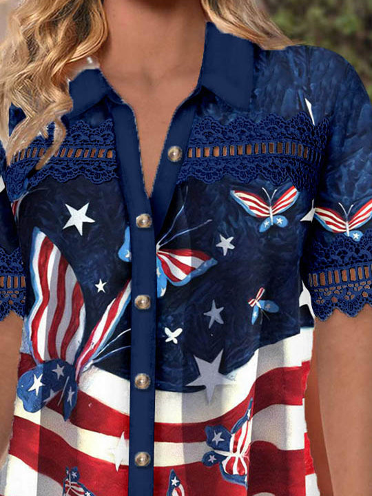 Women Short Sleeve V-neck Striped Butterfly Printed Graphic Lace Hollow Stitching Button Tops